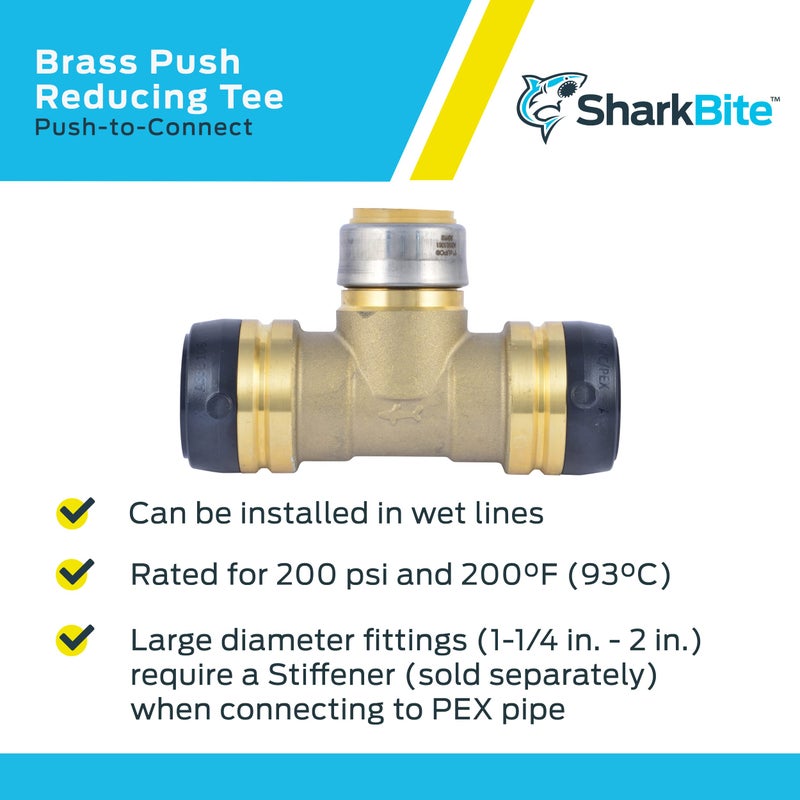 SharkBite 1-1/4 Inch x 1-1/4 Inch x 1 Inch Reducing Tee, Push to Connect Brass Plumbing Fitting, PEX Pipe, Copper, CPVC, PE-RT, HDPE, UXL08353528 - Image 4